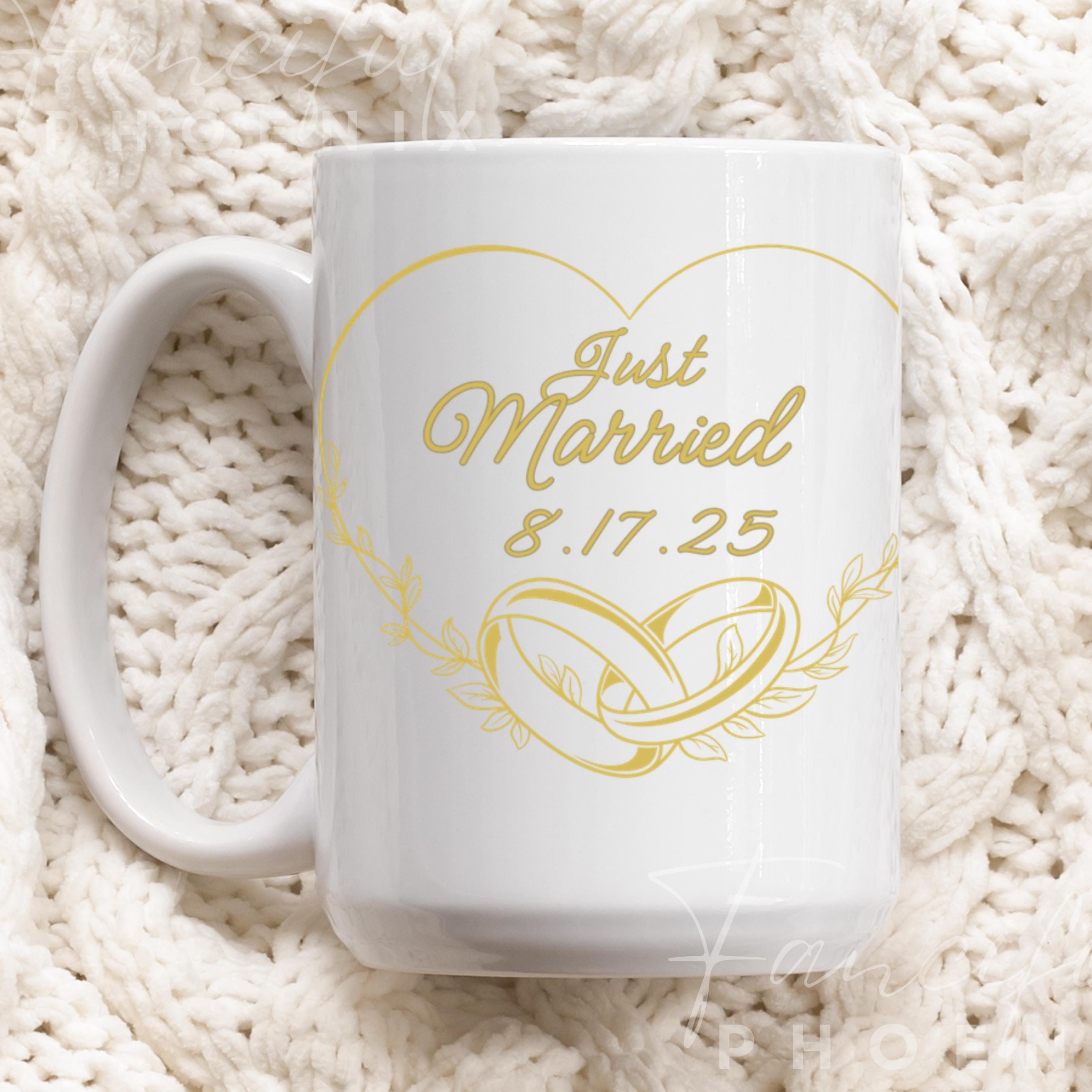 Personalized Just Married Mug With Heart and Rings, Gift for