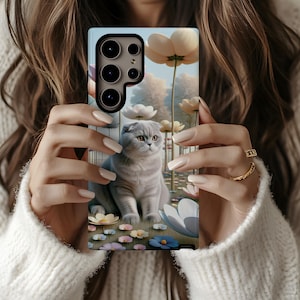 Custodia rigida per Samsung Scottish Fold Cat per Galaxy S10, 20, 21, 22, 23, 24, 25, custodia protettiva per smartphone, regalo floreale per gli amanti dei gatti, gattara