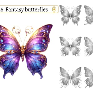 26 Fantasy Butterfly Coloring Sheets, Grayscale Coloring book, baby shower printable pages for adult and kids, Instant Download PDF