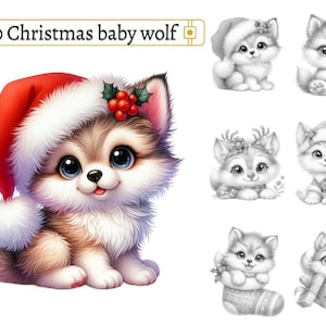 Christmas Baby Wolf Coloring Book: 30 Watercolor Grayscale Pages (PDF)