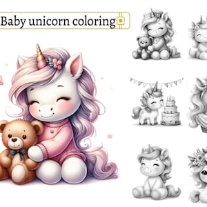 Süßes Einhorn Malbuch für Kinder und Erwachsene, Ausmalseiten, Kawaii Einhorn Malseiten, Graustufen druckbares Einhorn PDF zum sofortigen Download