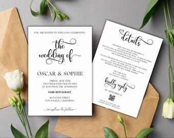 Wedding Invitation with QR Code, Minimal Wedding Invite Suite, Modern Invitation, Simple Editable Invite Template, D73