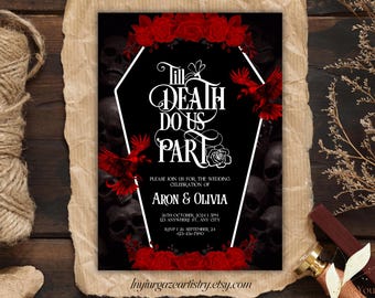 Till death do us part Wedding Invitation, Halloween Wedding Invitation, Gothic Skeleton Save the Date, Edit In Canva,  D172