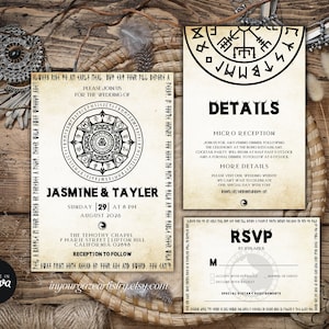 Conjunto de convites para casamento nórdico viking, convite viking, detalhes e RSVP, mitologia nórdica, download instantâneo, edição no Canva, D115