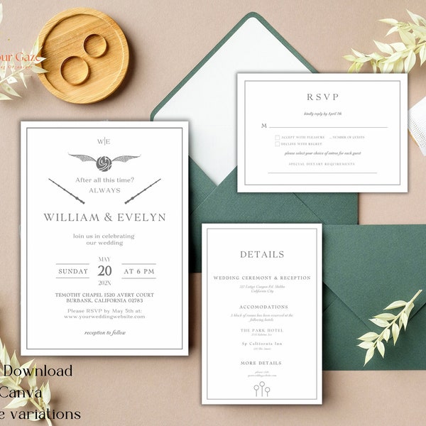 Minimalist Wizard Wedding Invitation, Potter Invitation, HP Inspired Wedding Invitation Template, Instant Download, Edit in Canva, HP4