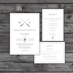 Silberner Säbel Hochzeitseinladung Vorlage, Silberner Säbel, elektronische Einladung, Sofort Download, bearbeiten in Canva SW27