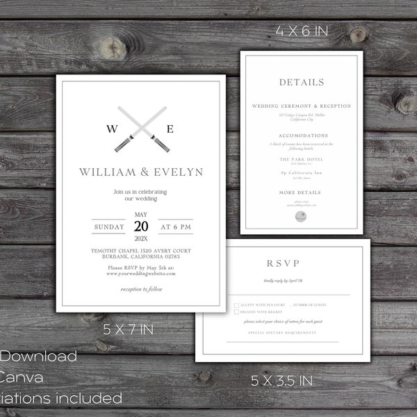 Silver Saber Printable Wedding Invitation Template, Silver Galactic Wars, Electronic Invitation, Instant Download, Edit in Canva,  SW27