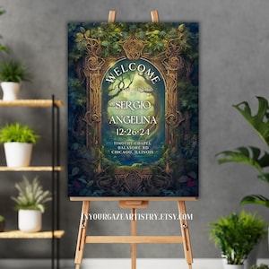 Modello di cartello di benvenuto per matrimonio ispirato al Signore degli Anelli, invito a nozze in stile Art Nouveau fantasy, foresta magica, matrimonio fantasy, W13