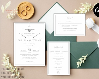 May include: A wedding invitation suite with a Harry Potter theme. The main invitation features a white background with black text and a graphic of a golden snitch and a wand. The text reads "After all this time? ALWAYS" and "William & Evelyn". The invitation also includes the date and time of the wedding, the location, and the RSVP information. The RSVP card is white with black text and a check box for guests to indicate their attendance. The details card is white with black text and includes information about the wedding ceremony and reception, accommodations, and more details. The cards are surrounded by green envelopes and a white ribbon.