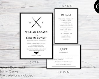 Minimalist HP Wedding Invitation, Potter Invitation, Minimalist Elder Wand Electronic Invitation, Instant Download, Edit in Canva, D85