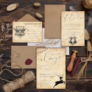 Minimalistischer Zauberer Hochzeitseinladung, Magische Hirsch-Einladungsvorlage, HP Einladung, Sofort-Download, Bearbeiten in Canva, HP16