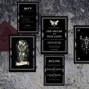 Carte de tarot modifiable pour les amoureux, réservez cette date, faire-part de mariage Halloween, faire-part de mariage cercueil, faire-part de mariage squelette gothique, D78