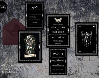 Carta de Tarot de los Enamorados editable para guardar la fecha, invitación de boda de Halloween, invitación de boda con ataúd, anuncio de boda con esqueleto gótico, D78