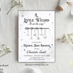 Minimalist Wizard Theme Baby Shower Invitation Template, Vintage Wizard Baby Shower, HP Baby Shower Invitation, Canva, Instant Download BS28