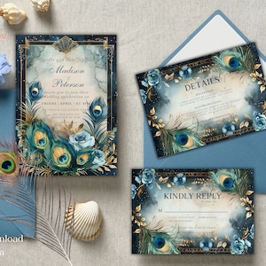 Peacock-huwelijksuitnodiging blauwgroen blauw met veren en etnische stijl, Peacock-huwelijksbundel, direct downloaden, bewerken in Canva, D96