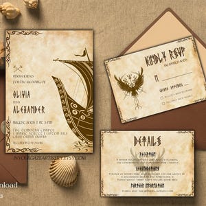 Convite de casamento com corvos nórdicos - Modelo de convite de casamento viking - Conjunto de convites com runas antigas Convite para impressão RSVP Salve a data D141