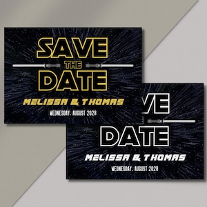 Plantilla de invitación de boda imprimible con paisaje nerd de temática galáctica, reserva la fecha, invitación electrónica, Canva, descarga instantánea, SW36