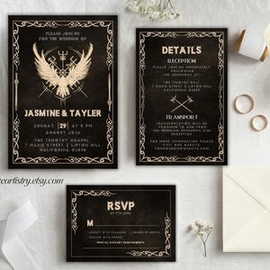 Convite de casamento com corvos nórdicos vikings - Modelo de convite de casamento viking - Conjunto de convites com runas antigas Detalhes do convite para impressão RSVP D145