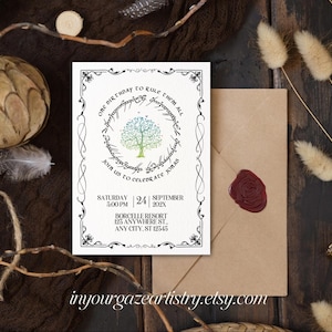 May include: A white invitation card with a black border and a decorative design featuring a tree and the text "One birthday to rule them all. Join us to celebrate [Name]" with a date and time of Saturday, September 24th at 2:00 PM. The invitation also includes the location of the event, Borcelle Resort, 125 Anywhere St., Any City, ST 12545. The invitation is on a wooden surface with a brown envelope and a wax seal.