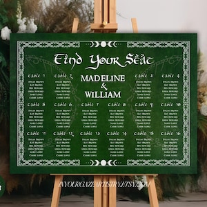May include: A green wedding seating chart with white lettering and a Celtic knot design. The chart is titled "Find Your Seat" and includes the names Madeline & William. The chart lists tables and guest names.