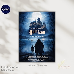 Könnte beinhalten: Eine digitale Einladung mit Fantasy-Thema. Die Einladung zeigt ein Schloss unter einem Vollmond, mit dem Namen "Harrison" und dem Text "Is Turning 10!". Zusätzlicher Text enthält Eventdetails und eine Website-Adresse.