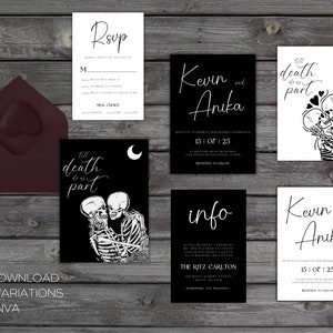 Carta de Tarô Editável Lovers Save The Date, Convite de Casamento de Halloween, Anúncio de Casamento de Esqueleto Gótico, Preto e Branco D88