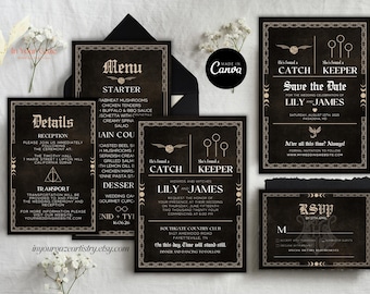 May include: A collection of dark brown wedding stationery with gold accents. The set includes invitations, a menu, details card, and RSVP card. The design features a vintage, gothic theme with text and illustrations.