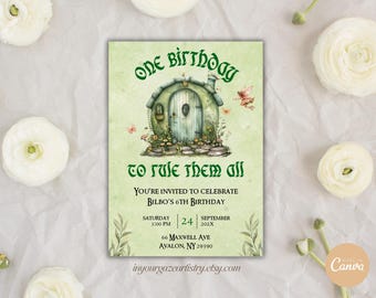 Convite de aniversário do SdA - Um aniversário para governar a todos - Modelo editável - Convite com tema de livro - Festa de aniversário élfica - B22