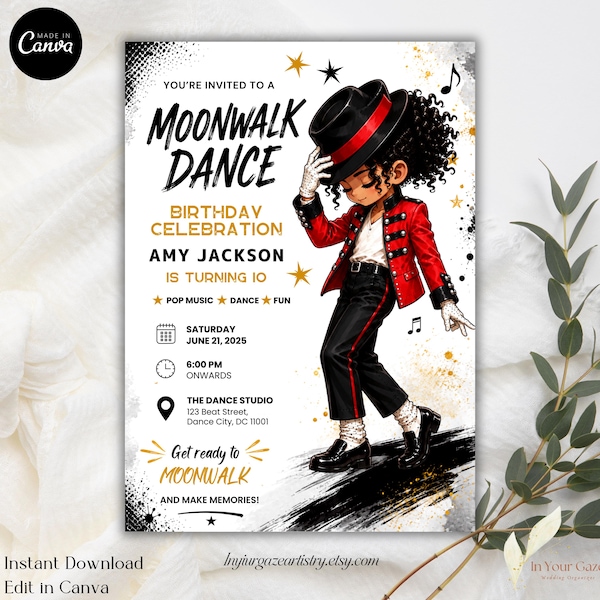 Moonwalk dans verjaardag | Popmuziek dans verjaardagskaart | Digitale dans verjaardagskaart | Direct downloaden | Bewerken in Canva, B159