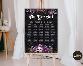 Plantilla de plano de asientos para boda gótica romántica. Plano de asientos editable para cena de boda gótica. Cartelería para boda de Halloween con Canva, SC16