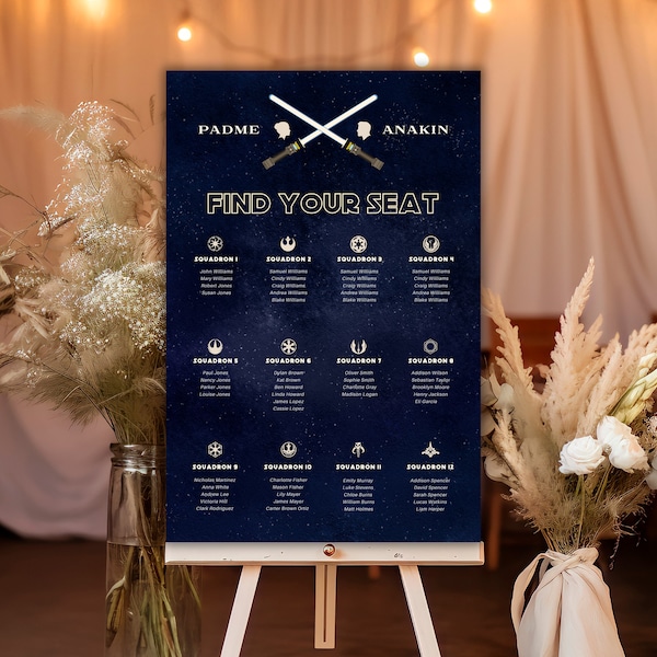 SCI Fi Wedding, Saber inspired Seating Chart Template, Alphabetical Seating Chart, Wedding Poster, Edit with Canva, SC2