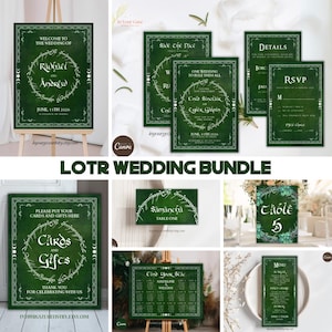 May include: A set of printable Lord of the Rings themed wedding stationery in green and white. The set includes a welcome sign, save the date card, details card, RSVP card, table number card, seating chart, cards and gifts sign, and a menu. The text on the cards includes the names Radhael and Andrew, the date June 15th 2026, and the phrase "One Wedding to Rule Them All".