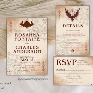 May include: A set of wedding stationery with a vintage aesthetic. The suite includes an invitation, details card, and RSVP card. The invitation features the names Rosanna Fontaine and Charles Anderson, with the wedding date and time.