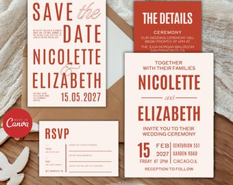 Retro Wedding Invitations template, 70's wedding bundle, Bright Colorful wedding invitation suite, Save the Date , Canva Template, D180
