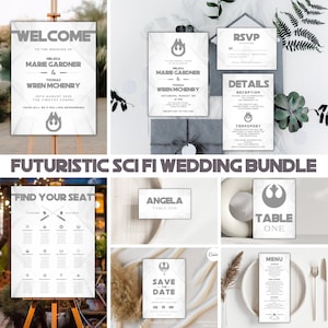 Futuristic Sci Fi Wedding Invitation Bundle, Silver Galactic War Invitation, Sci Fi Wedding Set, Instant Download, Edit in Canva, DIY, SW31