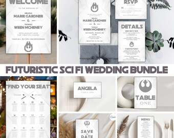 Pacchetto di inviti per matrimonio fantascientifici futuristici, invito alla Guerra Galattica in argento, set per matrimonio fantascientifico, download immediato, modifica in Canva, fai da te, SW31