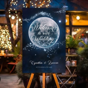 Letrero de bienvenida con luna llena y estrellas celestiales, boda celestial, póster de boda estrellada, edita con Canva, WS12