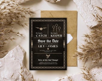 May include: Black save the date card with gold accents. The card features a graphic of a golden snitch and three golden snitch hoops. The text reads "He's found a Catch, She's found a Keeper, Save the Date for the wedding celebration of Lily and James, Saturday, August 18th, 2025, Pasadena, MD. After all this time? Always! Formal invitation to follow, www.myweddingwebsite.com"