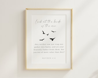 Mateo 6:26, Observa las aves del cielo, Versículo bíblico imprimible, Láminas bíblicas modernas, Arte mural imprimible con las Escrituras, Decoración cristiana para el hogar
