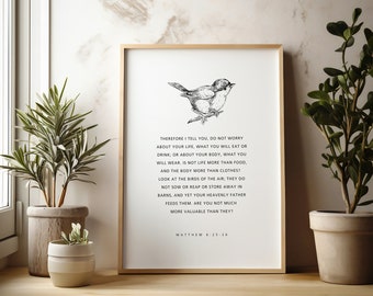 Mattheüs 6:25-26, kijk naar de vogels van de lucht, schriftafdrukken, afdrukbaar bijbelvers, moderne bijbelafdrukken, schriftkunst aan de muur, bijbelvers
