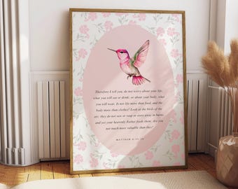 Mateo 6:25-26, Mira las aves del cielo, Versículo bíblico para imprimir, Arte mural cristiano vintage, Impresión de las Escrituras, Póster rosa con versículo bíblico