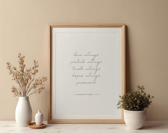 1 Corintios 13:7, El amor siempre protege, siempre confía, impresiones de las Escrituras, versículos bíblicos imprimibles, impresiones cristianas digitales, impresiones para bodas