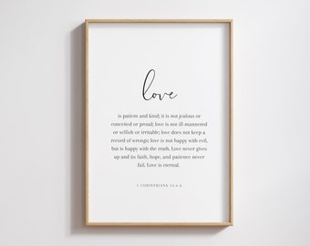1 Corintios 13:4-8, El amor es paciente, el amor es bondadoso, Impresión del amor es paciente, Arte bíblico moderno, Arte mural cristiano, Regalo cristiano