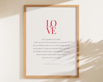 1 Corintios 13:4-8, El amor es paciente, el amor es bondadoso, Versículos bíblicos imprimibles, Versículos bíblicos para bodas, Decoración cristiana para el hogar