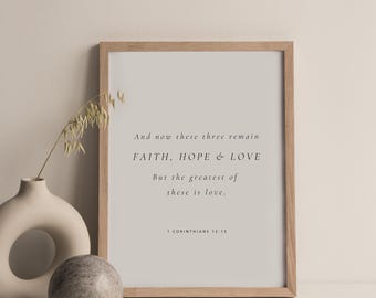 1 Corintios 13:13, Estas tres permanecen: fe, esperanza y amor. Impresión cristiana minimalista, versículo bíblico para imprimir, impresión cristiana moderna.