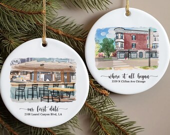 Custom Watercolor House Portrait Ornament, Where It All Began, Watercolor First Date Ornament, Our First Date Location Ornament