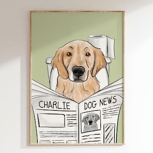 Custom Pet Portrait From Photo, Funny Dog Portrait, Dog In Toilet Print, Bathroom Decor, Dog in Bathtub, Dog Reading Newspaper in Toilet