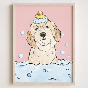 Custom Watercolor Pet Portrait from Photo,  Personalized Pet Bathroom Wall Art, Dog in Bubble Bath, Dog Cat in Toilet Print, Bathtub Poster