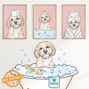 May include: A set of three illustrations featuring a dog in different scenarios. The first image shows a dog with a toilet paper roll on its head. The second image shows a dog in a bathtub with rubber duckies. The third image shows a dog wearing a towel on its head. All three images have a pink background.