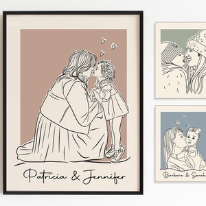 Custom Mom and Daughter Line Art Portrait from Photo, Personalised Family gift for Mom, Mom & Daughter illustration, Art Gift for Mom